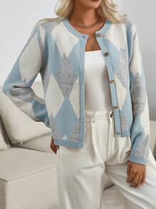 Calvaya Cardigan casual à motif blocs de couleurs et diamant pour femmes, printemps et automne