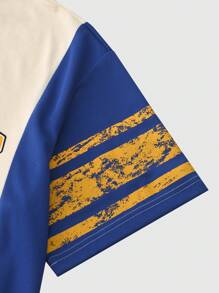 ROMWE MEN Prep Camiseta Masculina com Gola Redonda, Recorte em Tela de Contraste de Cor e Estampa de Letra