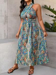 SHEIN Clasi 大码女式波西米亚风休闲度假花卉印花无袖连衣裙，适合夏季 - 彩色 - 查看 6