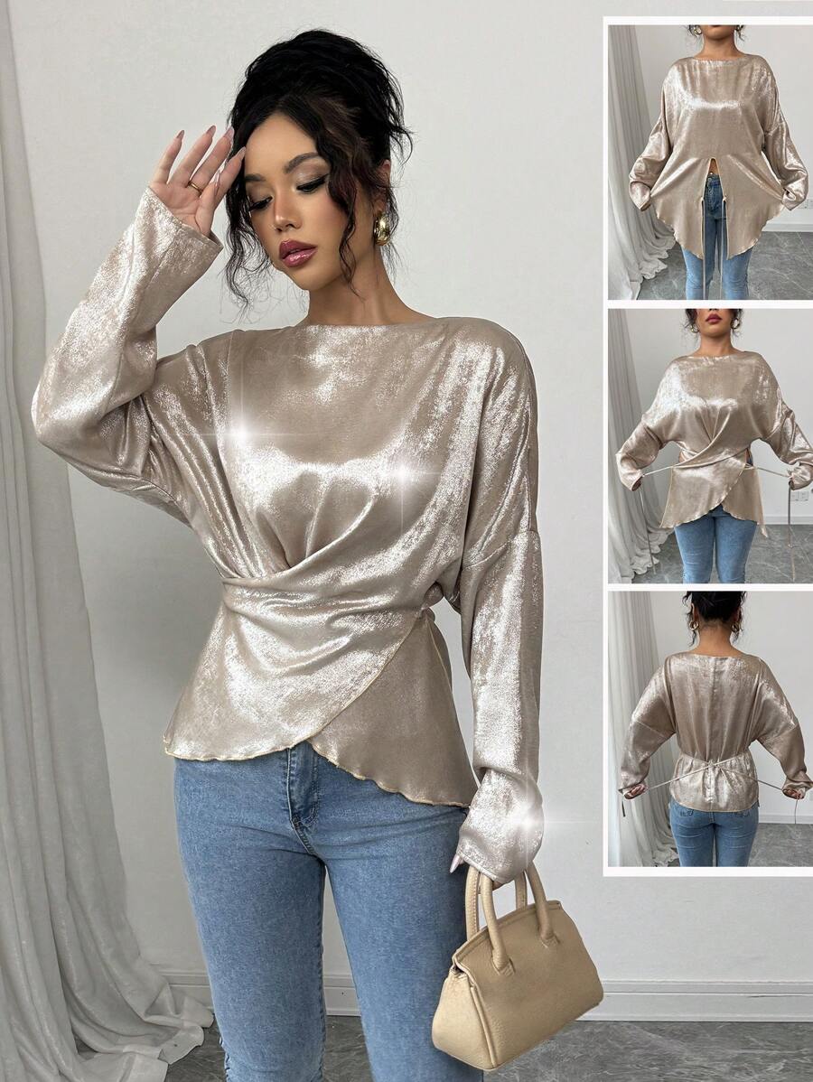 Chiquease 女士优雅金属蝙蝠袖交叉系带衬衫