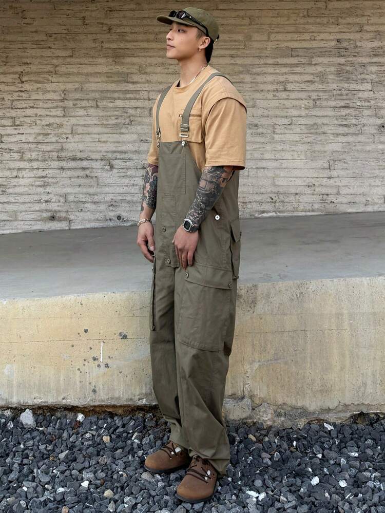 Summer Solid Green Outdoor Cargo Suspender Pants For Men