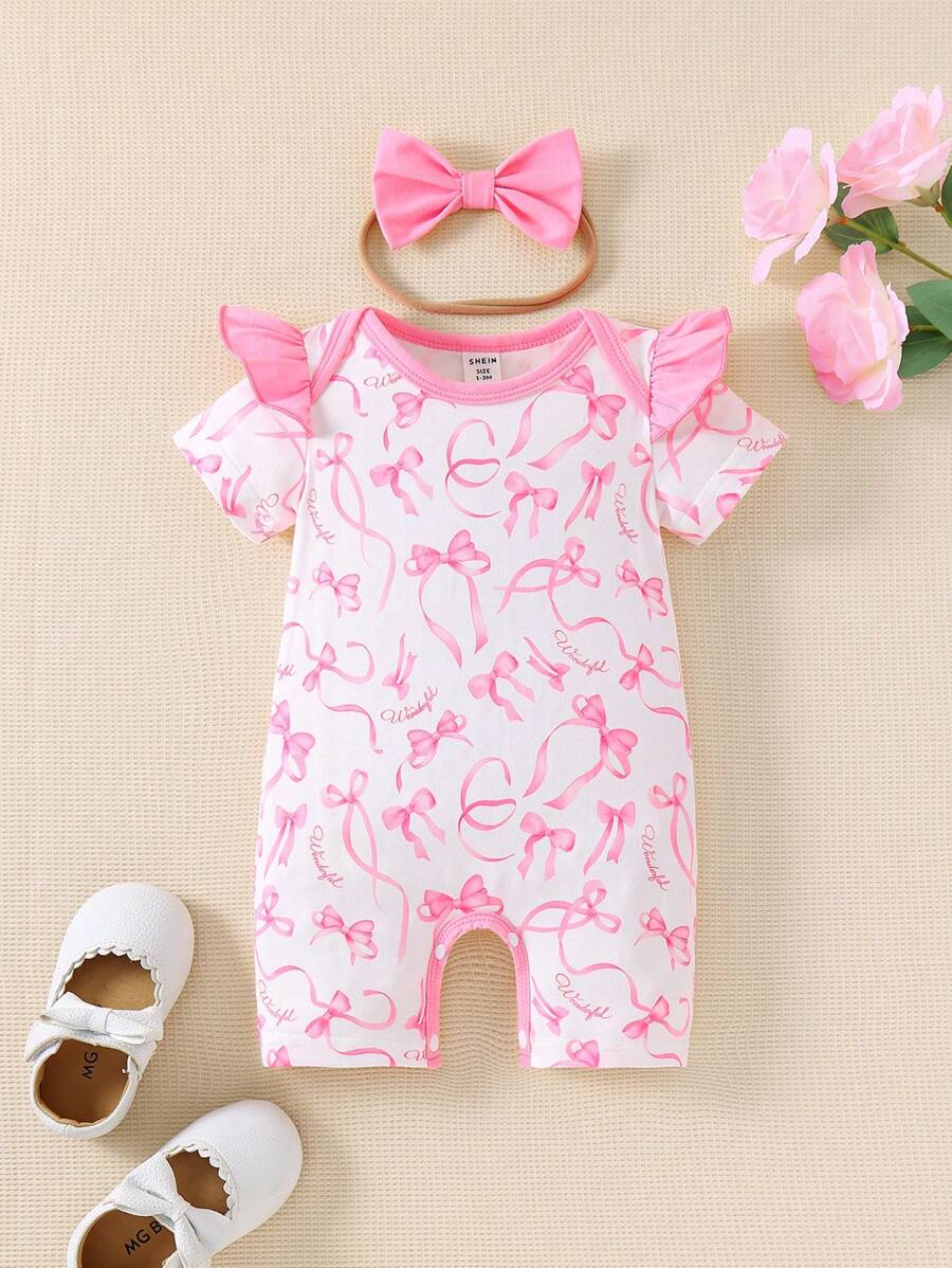 SHEIN Newborn Baby Floral Print Romper With Flutter Sleeves - Red and White - View 1