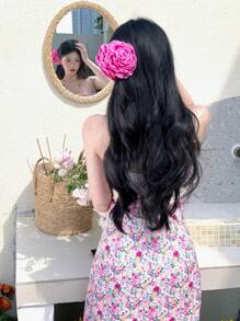 DAZY Đầm midi nữ mùa hè kiểu dáng thường ngày, họa tiết hoa nhí, dây mảnh, phối ren, eo thon, thích hợp cho lễ tình nhân, trang phục đi biển. - Hồng - Xem 1