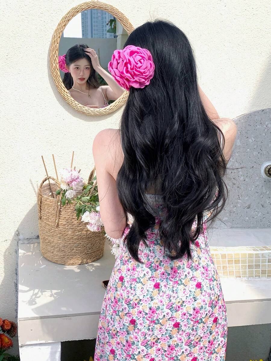 DAZY Đầm midi nữ mùa hè kiểu dáng thường ngày, họa tiết hoa nhí, dây mảnh, phối ren, eo thon, thích hợp cho lễ tình nhân, trang phục đi biển. - Hồng - Xem 1