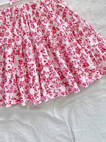 Soleia 女式复古粉色碎花泡泡袖短款上衣和迷你裙 2 件套度假休闲夏季服装，返校可爱午餐裙 - 粉色 - 查看 4