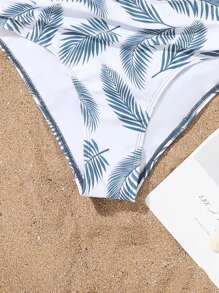 SHEIN 2 件女士雾蓝色简约风格吊带背心比基尼上衣和树叶印花比基尼下装套装