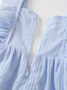 SHEIN 女童夏季编织蝴蝶图案套装：提花上衣裤子带帽子外出 - 三件套 - 淺藍色 - 查看 2