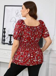 SHEIN Clasi Plus Size Casual Commuting Tiny Ditsy Floral Puff Sleeve Shirt - Burgundy - View 2