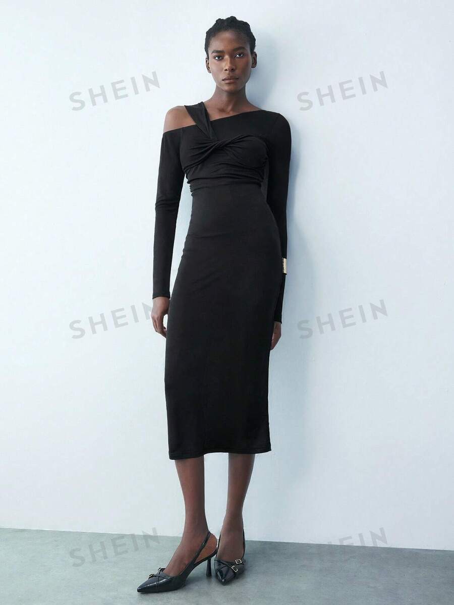 Maija Vestido entallado de Body con cuello asimétrico, mangas largas y tirantes retorcidos para mujer, vestido midi elegante y versátil para fiestas urbanas, propio para celebraciones de principios de primavera