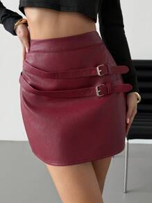SHEIN Privé Valentine's Day New Elegant Vintage Motorcycle Biker Chic High Waist Multi-Belt Decor Burgundy PU Red Skirt With Metal Buckles Concert Rave Women Skirt