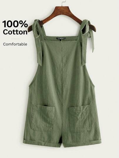 SHEIN EZwear Summer Casual And Loose St Patrick Day Knot Strap Pocket Patched Pinafore Green Short Romper