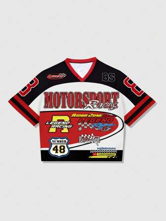 Prep Herren V-Ausschnitt Kurzarm Lässig Loose T-Shirt mit Buchstaben Muster