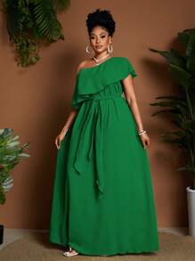 Maweii Plus Size Women Ruffle Hem Asymmetrical Shoulder Casual Loose A-Line Dress - Green - View 6