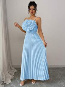 Rafferiza 法式优雅花卉贴花收腰 A 字形连衣裙，黄色，女士，春夏 - 淺藍色 - 查看 6