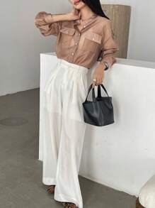 FRIFUL 女士橙色宽松休闲纽扣衬衫，商务休闲风格，春夏长袖上衣 - 橘色 - 查看 2