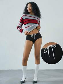 SHEIN EZwear Quần short rút dây màu đen đơn giản & thời trang hàng ngày - màu đen - Xem 1