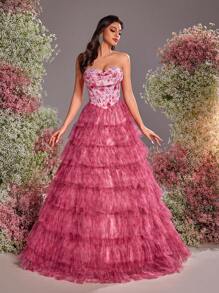 Glamrae Elegant And Gorgeous Pink Digital Printing Handmade Sequin Embroidery Tube Top With Chest Cup Multi-Layer Cake Skirt Suitable For Cocktail Parties, Graduation Ceremonies, Wedding Ceremonies, Bachelorette Parties, Women's Formal Evening Dresses (Heavy Models) - Multicolor - View 3