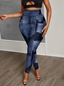 Slaydiva Plus Size Casual Minimalist Full Print Denim Effect Pattern Leggings Suitable For Going Out