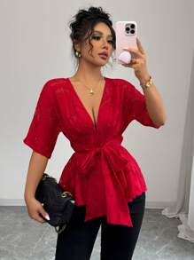 Elenzga 优雅性感红色网眼提花深 V 领短袖收腰蝴蝶结前襟女式衬衫 - 紅色 - 查看 1