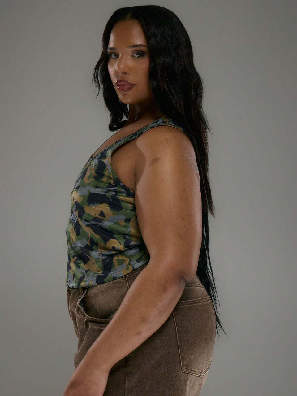 Curve Camo Print Scoop Neck Cropped Fitted Top For Everyday, Street Style, Streetwear, Y2K, 2000'S Style Spring Summer Holiday