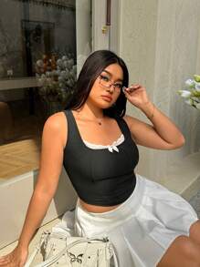 SHEIN EZwear 大码白色蕾丝撞色吊带背心 - 黑與白 - 查看 5