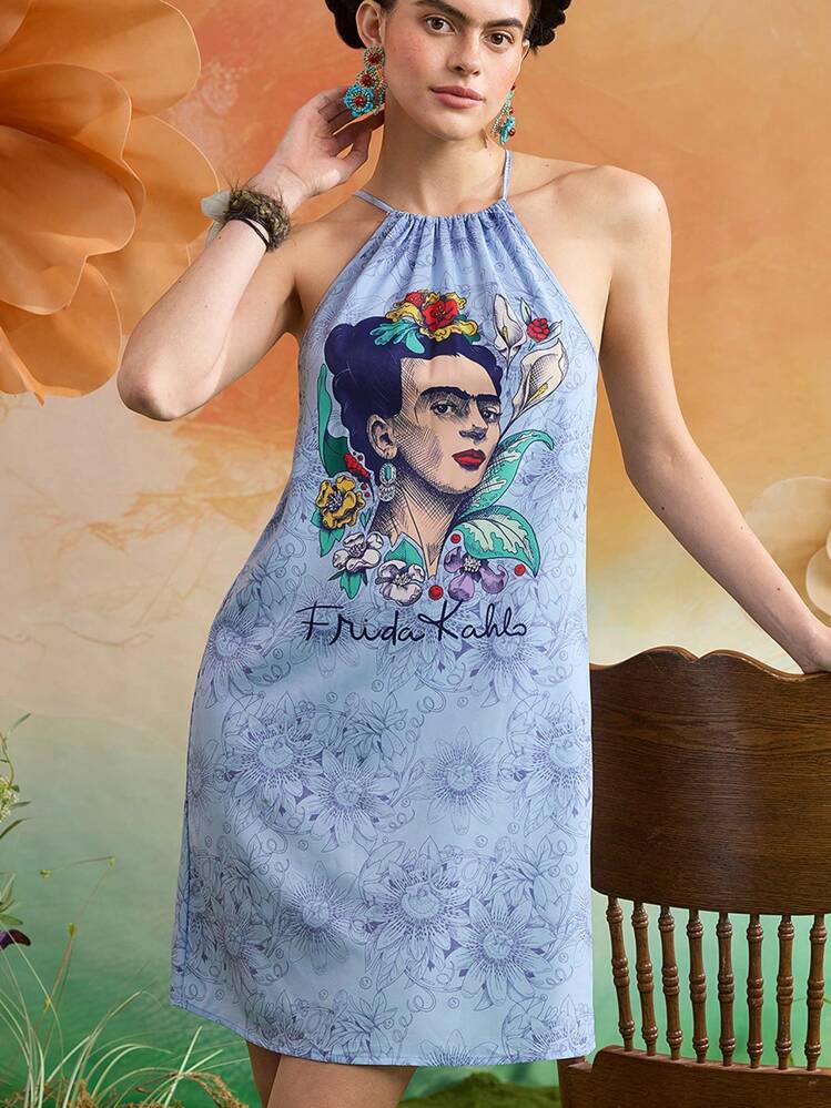 Frida Kahlo X SHEIN Light Blue Casual Vacation Halterneck Self-Portrait  Floral Print Sleeveless Romantic Off-Shoulder Short Dress, Summer/Spring  Sundress | SHEIN USA