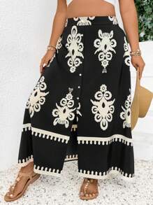 SHEIN Frenchy Plus Size Random Printed Front Button Skirt, Casual Vacation
