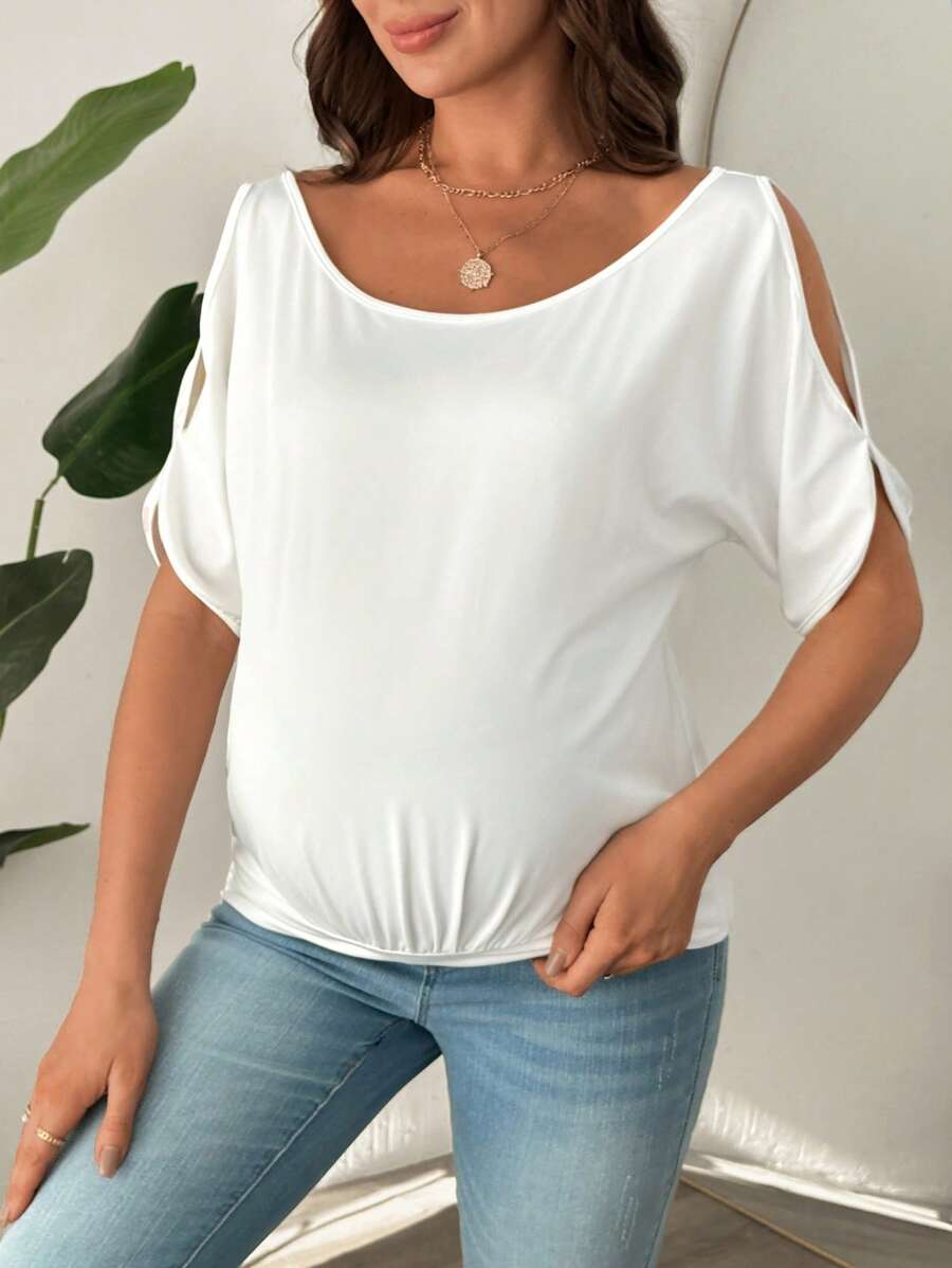 SHEIN Maternity Solid Color Round Neck Casual Loose Open Shoulder T-Shirt