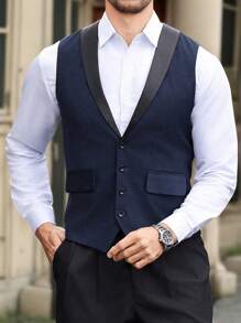 Manfinity Mode 男士披肩领撞色背心简约休闲通勤 - 藏蓝色 - 查看 1