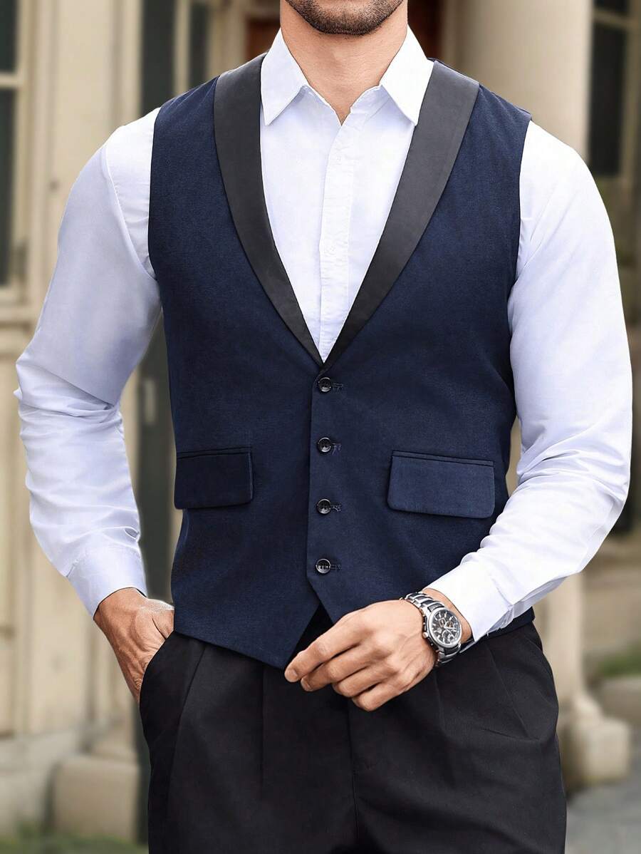 Manfinity Mode 男士披肩领撞色背心简约休闲通勤 - 藏蓝色 - 查看 1