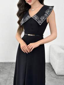 Modelyn Đầm dài giản dị không tay thêu cho nữ, thanh lịch và tối giản - màu đen - Xem 3