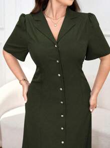 Modelyn Plus Size Solid Color Button Front Summer Short Sleeve Dress Maxi Women Outfit Long Evening Dresses - Army Green - View 4