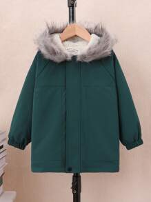 SHEIN 男小童插肩袖毛茸茸連帽加絨內裏外套