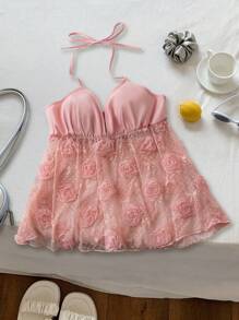 SHEIN Holidaya Top con cuello halter con inserciones de malla y diseño 3D de rosa para mujer - Rosa - Ver 2