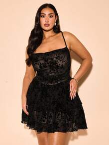 SHEIN BAE Plus Size Women's Black Velvet Double-Layer Ruffle Hem Slip Dress, Mini Dress, Suitable For Night Out,Birthday Dresses For Women,Graduation