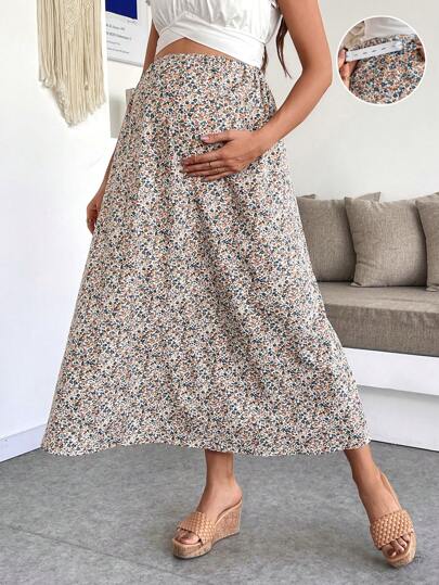 SHEIN 孕妇可调节腰部碎花印花长裙，适合度假