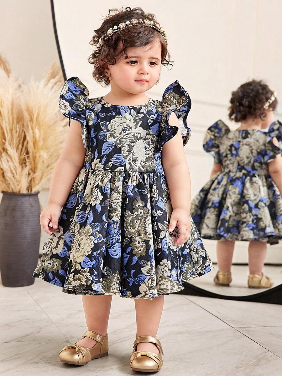 SHEIN Summer Cute & Elegant Black Floral Pattern Babygirl Dress - Black - View 1