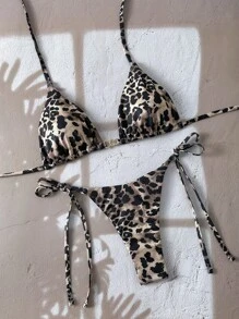 Swim Vcay Bộ 2 món/Bộ đồ bơi gợi cảm họa tiết da báo đi biển dành cho nữ, áo hở lưng họa tiết hoa vàng và quần bikini buộc dây bên hông - Nhiều màu - Xem 4