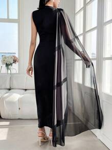 Modelyn Women's Diamond Pleated Bodycon Chiffon Flare Sleeve Dress - Black - View 2