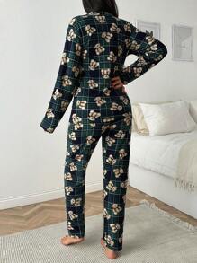 RueChic 2 Pcs Suede Button Front With Bear&Plaid Pattern Homewear PJ Set - Multicolor - View 2