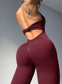 Slayform 女士纯色露背工字背连体裤，日常健身和运动服装 - 酒紅色 - 查看 6