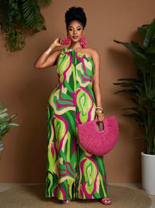 Maweii Plus Size Women Oblique Shoulder Wide Leg Jumpsuit, Casual Holiday Romper - Multicolor - View 5