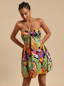 Travachic Woven Print Halter Cutout Design Women Mini Dress - Multicolor - View 6