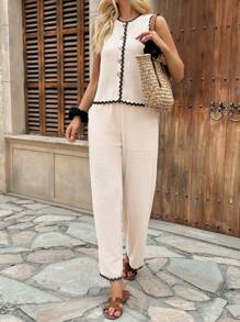 Pariaura 2pcs/Set Women's Sleeveless Knitted Fabric Vacation Pants - Apricot - View 4