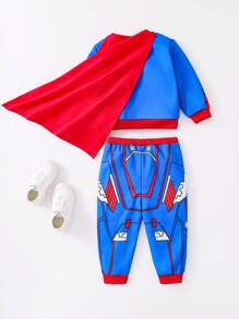 SHEIN Set de 3 piezas para niño preadolescente con sudadera con capucha con gráfico de superhéroe, pantalones y capa, adecuado para ir y venir, la escuela, casual, deportes, otoño/invierno