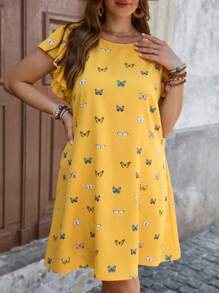 SHEIN VCAY Plus Size Casual Butterfly Print Cap Sleeve Dress - Multicolor - View 4