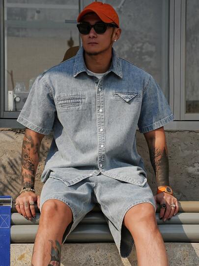 DAZY 男士夏季休闲蓝色衬衫和短裤套装