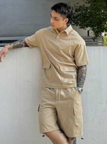 DAZY Conjunto de camisa polo y shorts de unicolor para hombres, ropa de trabajo de verano para exteriores