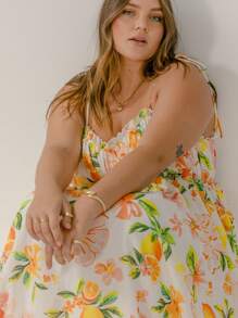 Aralina 曲线花卉印花系带褶饰夏季度假长裙 - 彩色 - 查看 4