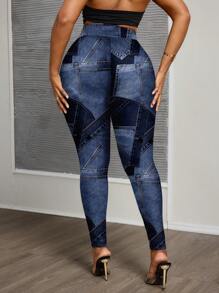 Slaydiva Plus Size Casual Minimalist Full Print Denim Effect Pattern Leggings Suitable For Going Out